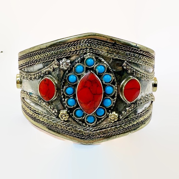 Vintage Afghan Bracelet: Cuff Kuchi Middle Eastern Blue Red Boho #2 - Picture 2 of 6